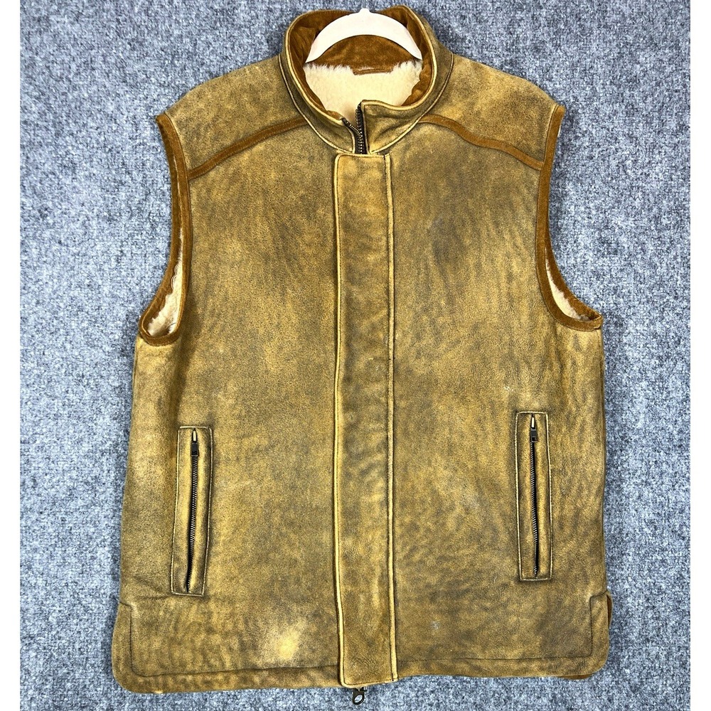 The Territory Ahead Men's Brown Leather Full Zip Lined Vest Stand-Up Collar L